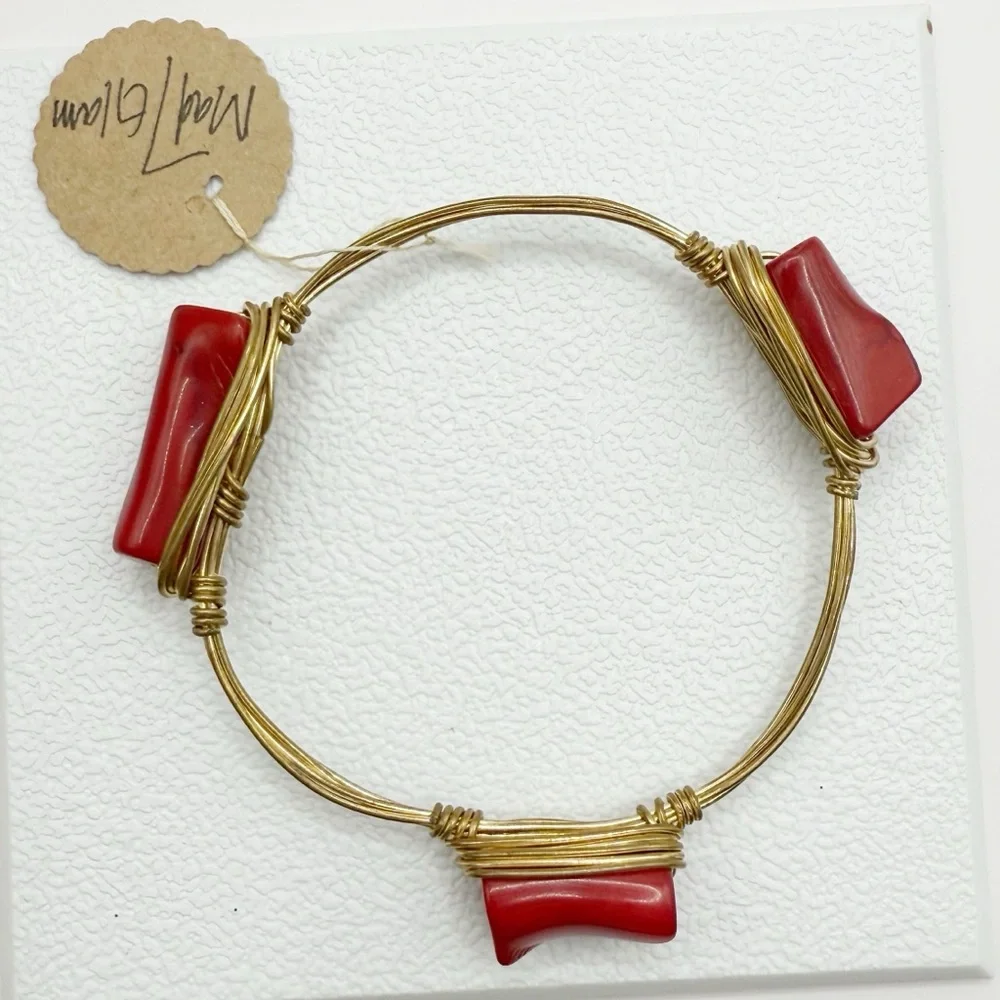 Boho Wire Wrapped Bangle Bracelet | Red Stone Artisan Style